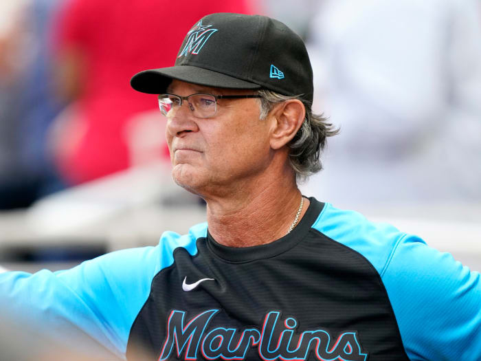Miami Marlins manager Don Mattingly looks out from the dugout before a baseball game against Atlanta Braves, Friday, May 27, 2022, in Atlanta, Ga.